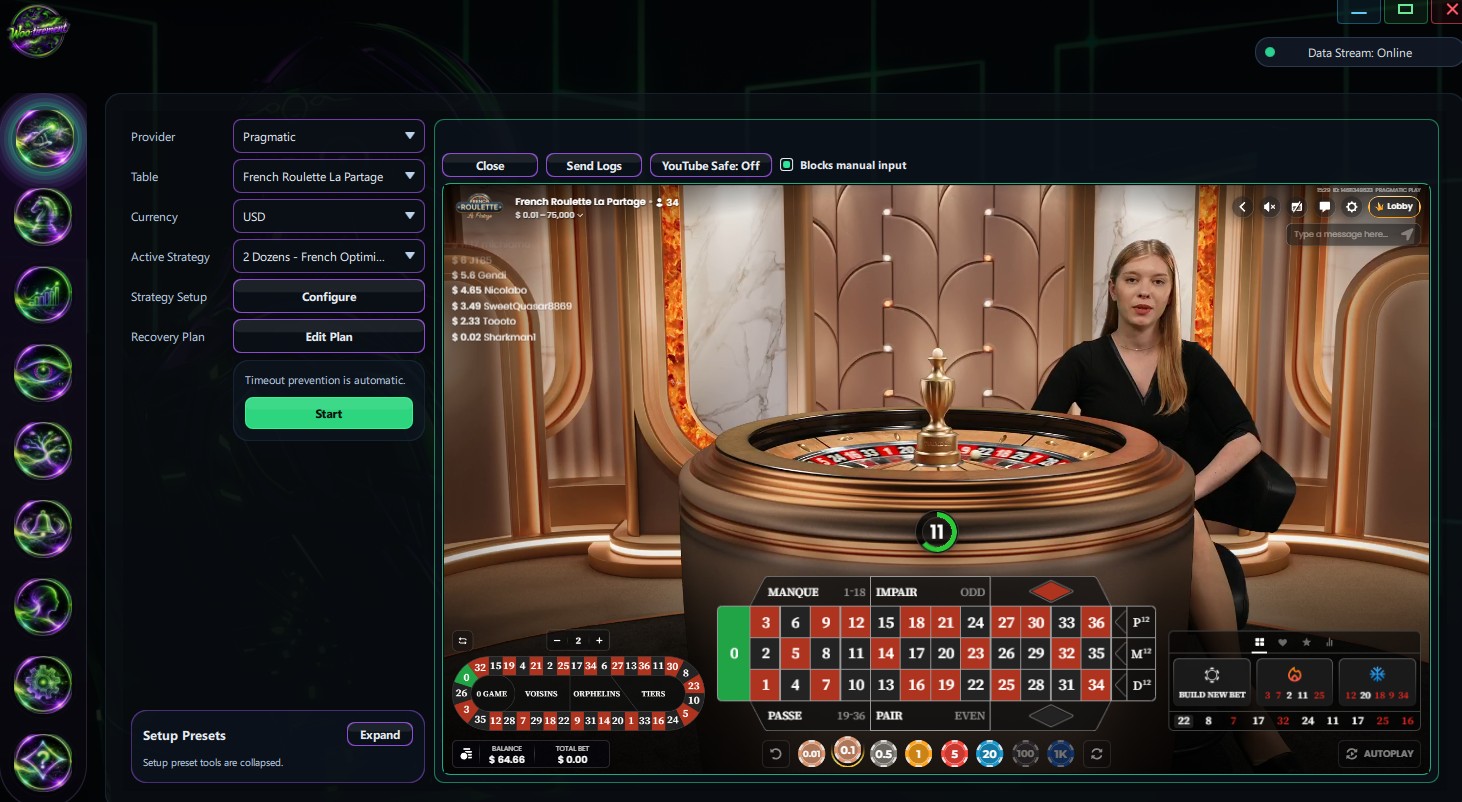 Wootirement automation cockpit with live roulette table, strategy selector, and start controls.