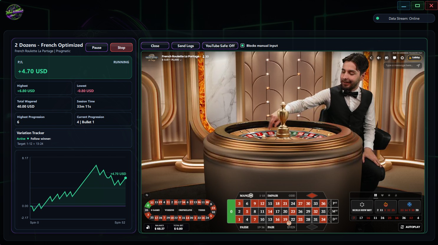 Wootirement live automation session with profit tracking, strategy status, and roulette table controls.