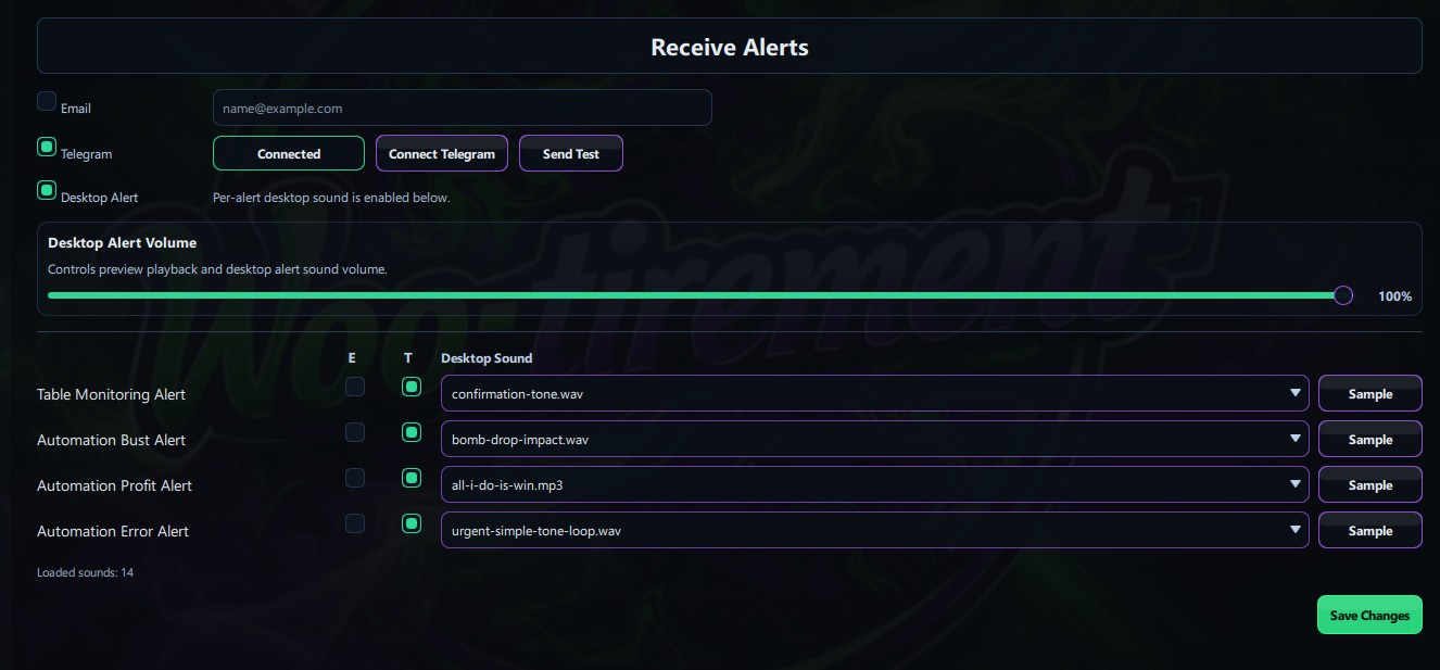 Wootirement alerts page with Telegram, desktop sound, and alert volume controls.
