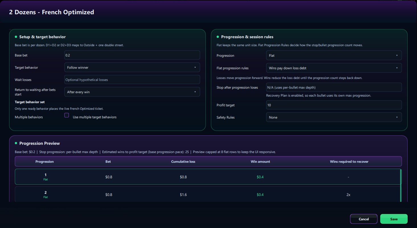 2 Dozens French Optimized strategy configuration with target behavior and progression preview.